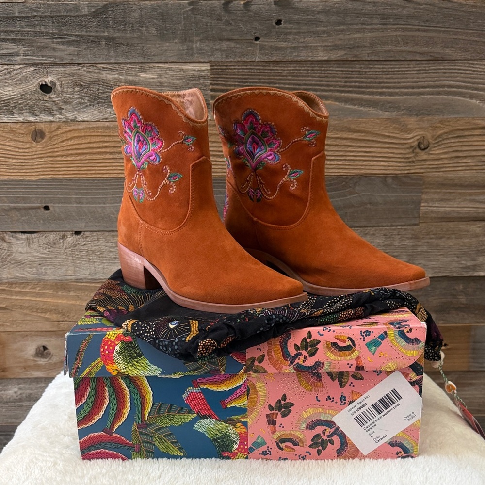 FARM Rio Rust Suede Embroidered Western Ankle Boots